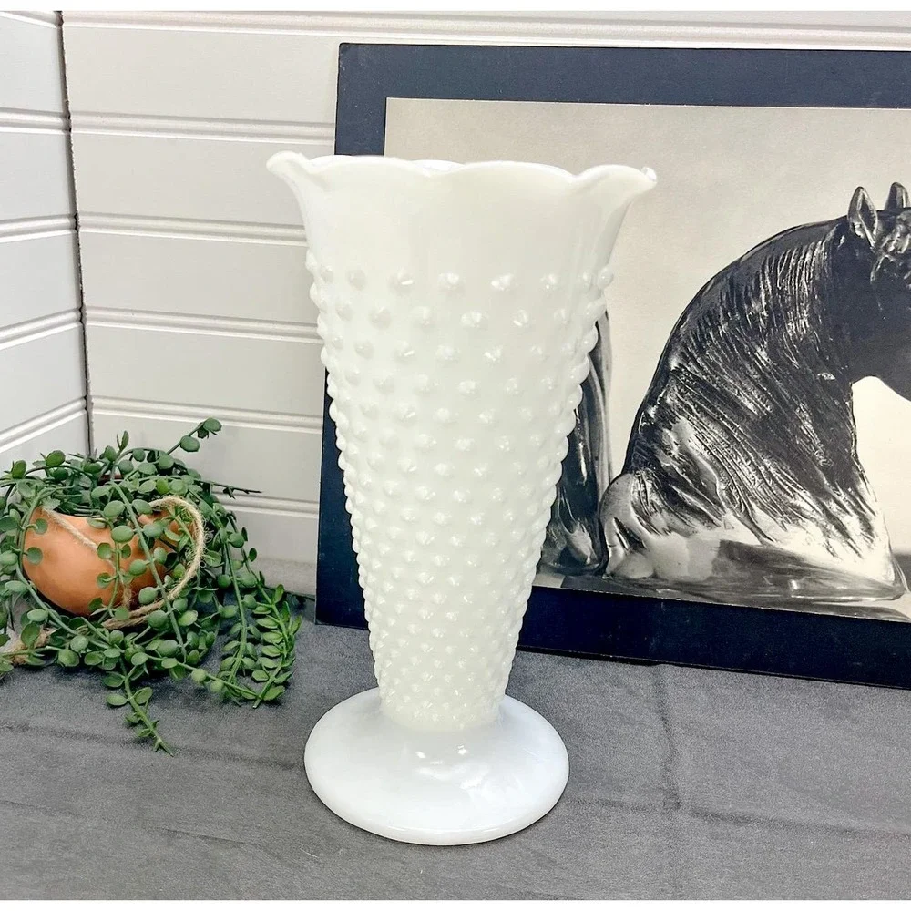 Vintage Anchor Hocking Hobnail Milk Glass Vase - Pedestal Planter